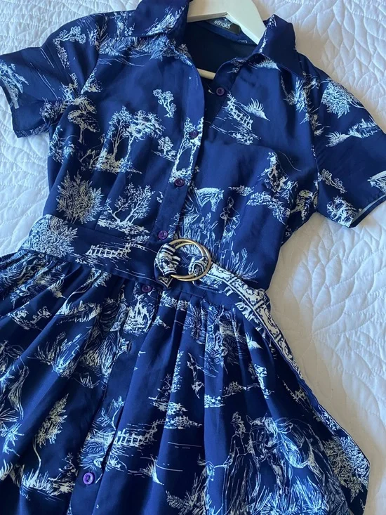 Navy Toile Print Shirt Dress Belted European Summer Style - Picture 4 of 8